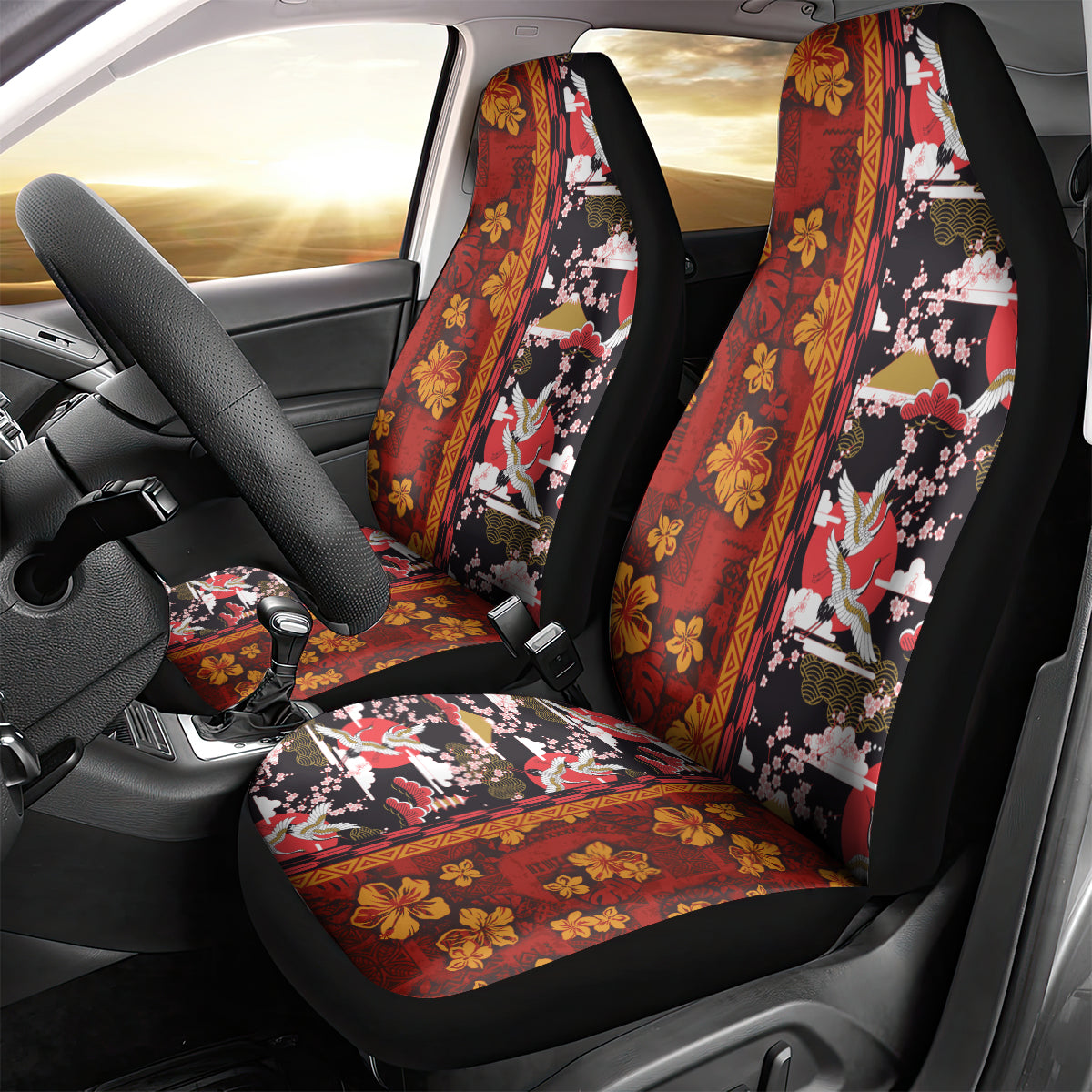 Japanese Culture Hawaii Style Car Seat Cover Hawaiian Tribal and Japanese Pattern Together Culture LT03 - Polynesian Pride