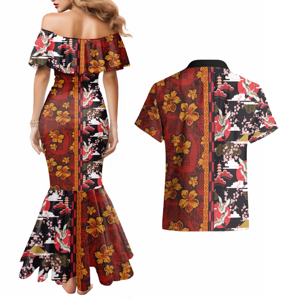 Japanese Culture Hawaii Style Couples Matching Mermaid Dress and Hawaiian Shirt Hawaiian Tribal and Japanese Pattern Together Culture LT03 - Polynesian Pride