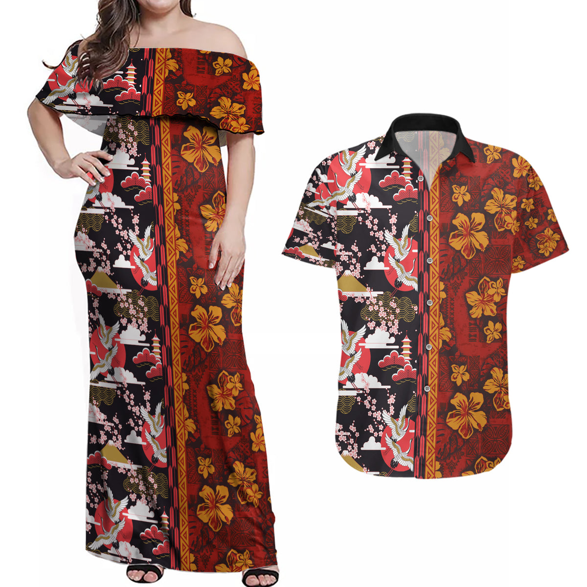 Japanese Culture Hawaii Style Couples Matching Off Shoulder Maxi Dress and Hawaiian Shirt Hawaiian Tribal and Japanese Pattern Together Culture LT03 Red - Polynesian Pride