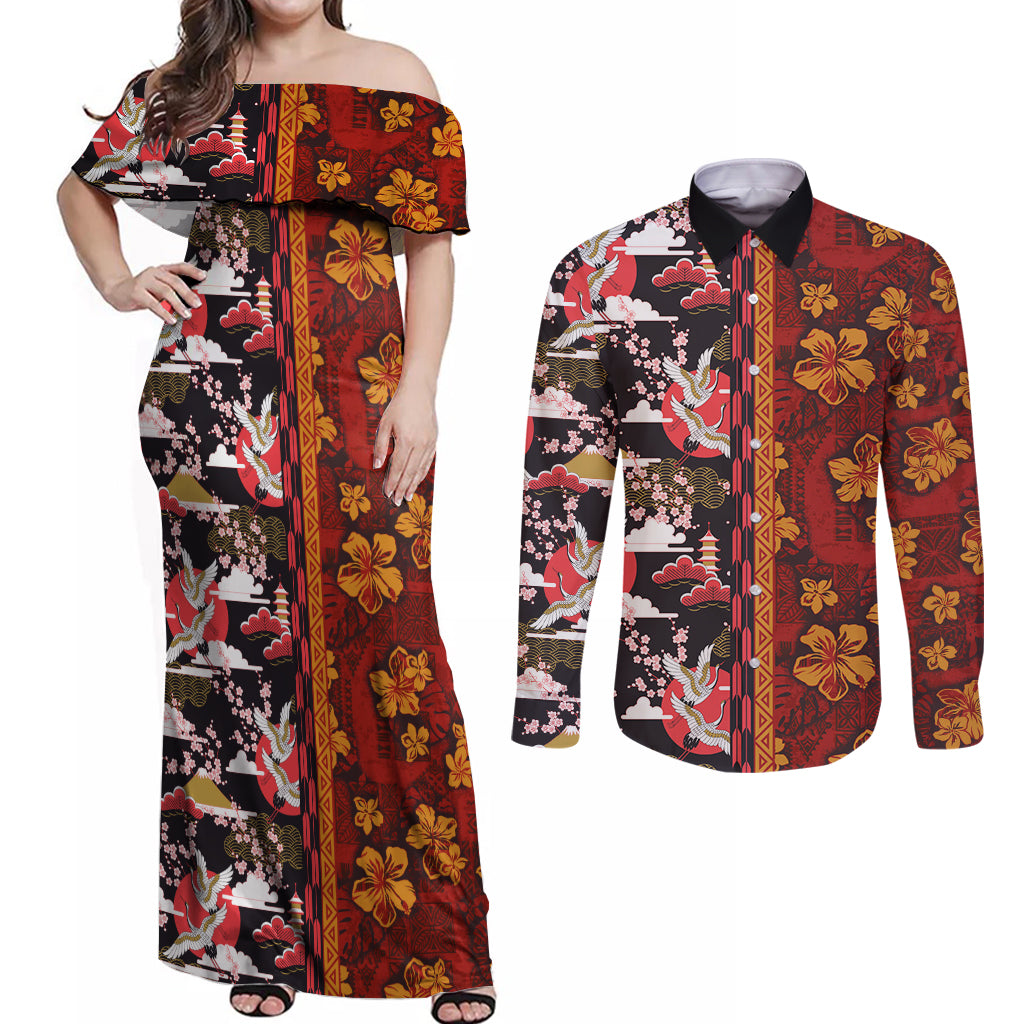 Pan-Pacific Festival Couples Matching Off Shoulder Maxi Dress and Long Sleeve Button Shirt Hawaiian Tribal and Japanese Pattern Together Culture