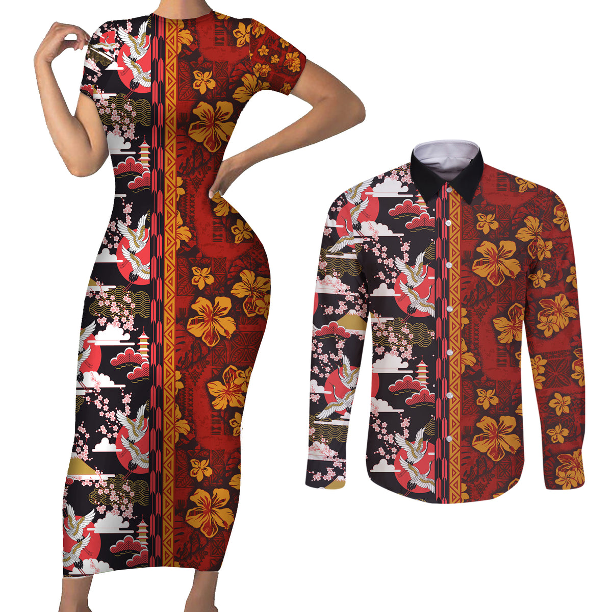 Pan-Pacific Festival Couples Matching Short Sleeve Bodycon Dress and Long Sleeve Button Shirt Hawaiian Tribal and Japanese Pattern Together Culture