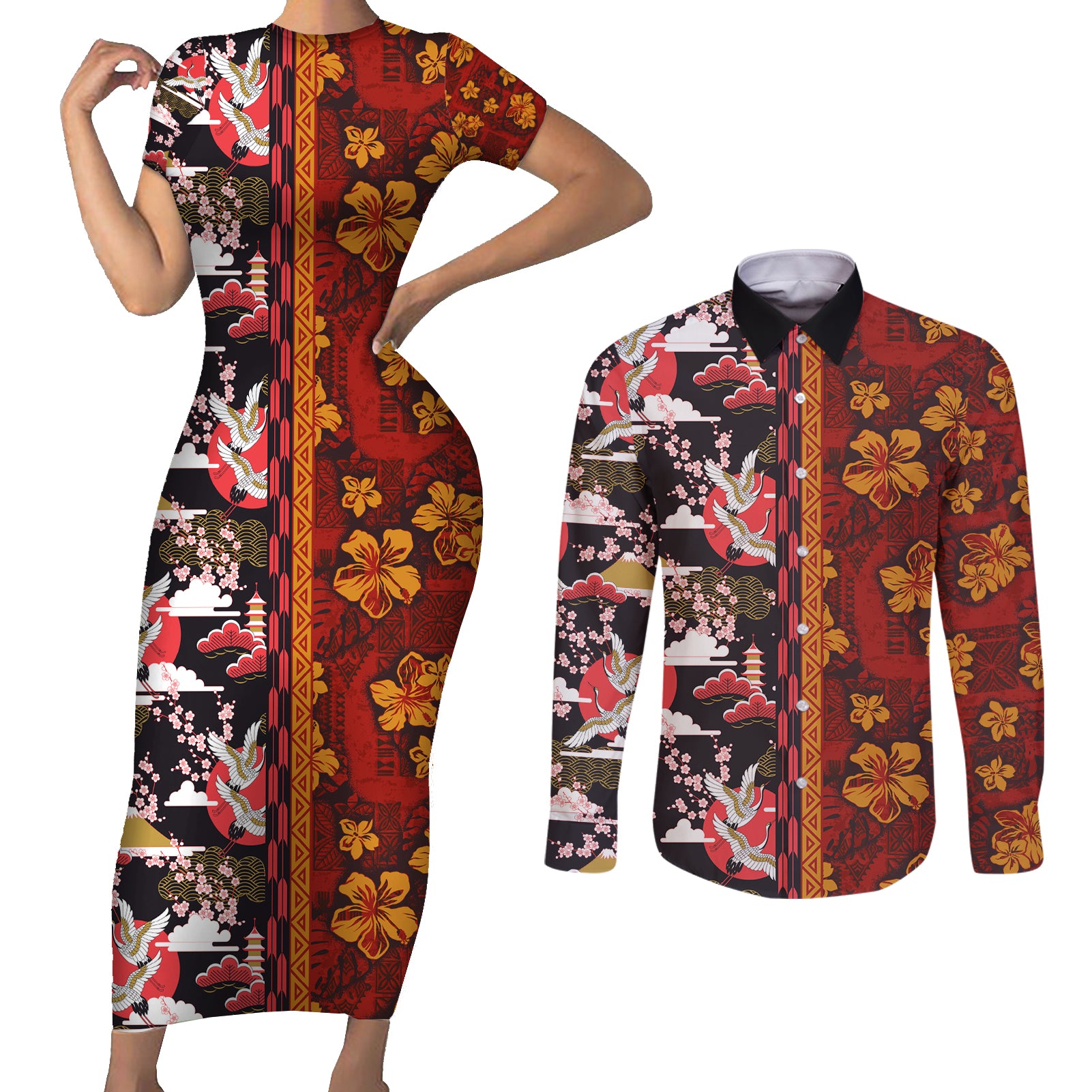 Pan-Pacific Festival Couples Matching Short Sleeve Bodycon Dress and Long Sleeve Button Shirt Hawaiian Tribal and Japanese Pattern Together Culture
