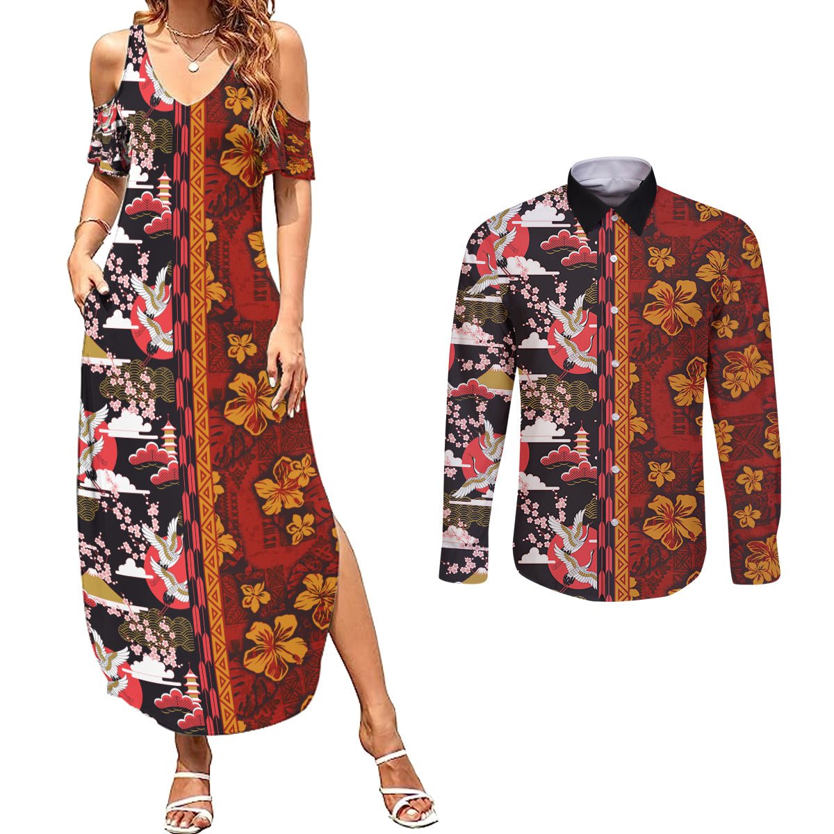 Pan-Pacific Festival Couples Matching Summer Maxi Dress and Long Sleeve Button Shirt Hawaiian Tribal and Japanese Pattern Together Culture