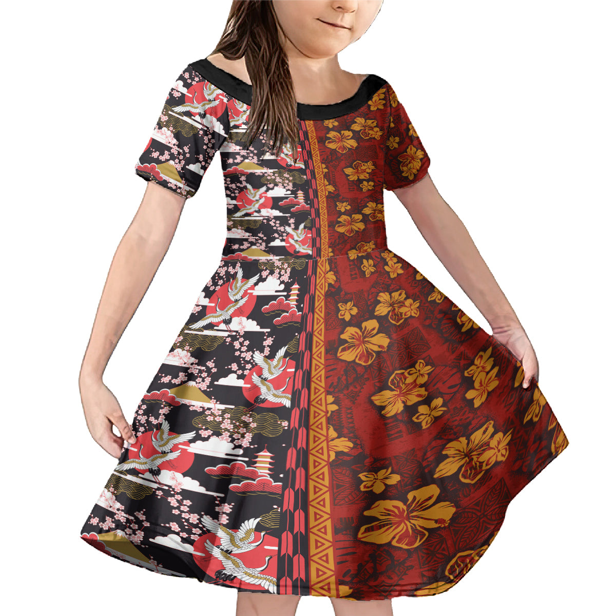 Japanese Culture Hawaii Style Family Matching Mermaid Dress and Hawaiian Shirt Hawaiian Tribal and Japanese Pattern Together Culture LT03 Daughter's Dress Red - Polynesian Pride
