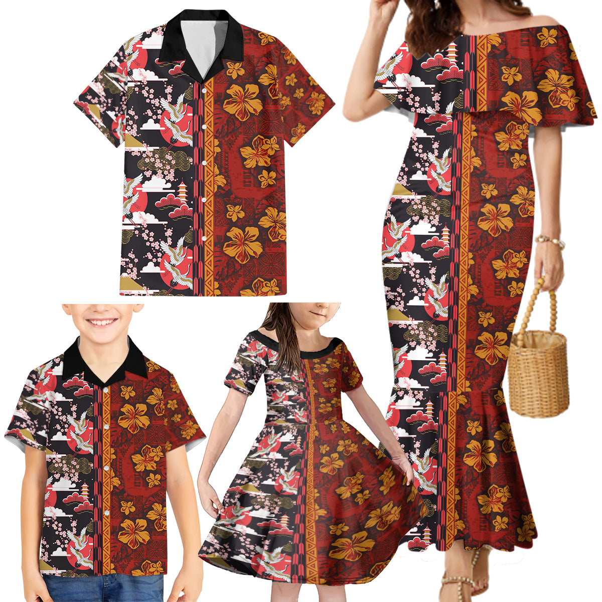 Japanese Culture Hawaii Style Family Matching Mermaid Dress and Hawaiian Shirt Hawaiian Tribal and Japanese Pattern Together Culture LT03 - Polynesian Pride