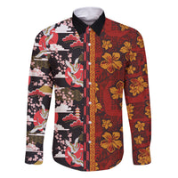 Japanese Culture Hawaii Style Family Matching Mermaid Dress and Hawaiian Shirt Hawaiian Tribal and Japanese Pattern Together Culture LT03 Dad's Shirt - Long Sleeve Red - Polynesian Pride