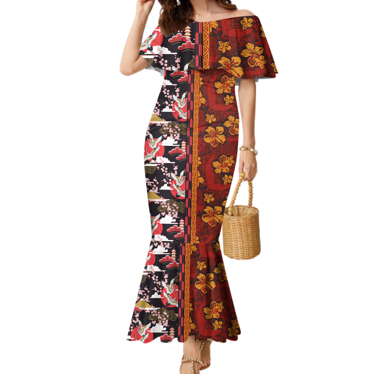 Japanese Culture Hawaii Style Family Matching Mermaid Dress and Hawaiian Shirt Hawaiian Tribal and Japanese Pattern Together Culture LT03 Mom's Dress Red - Polynesian Pride