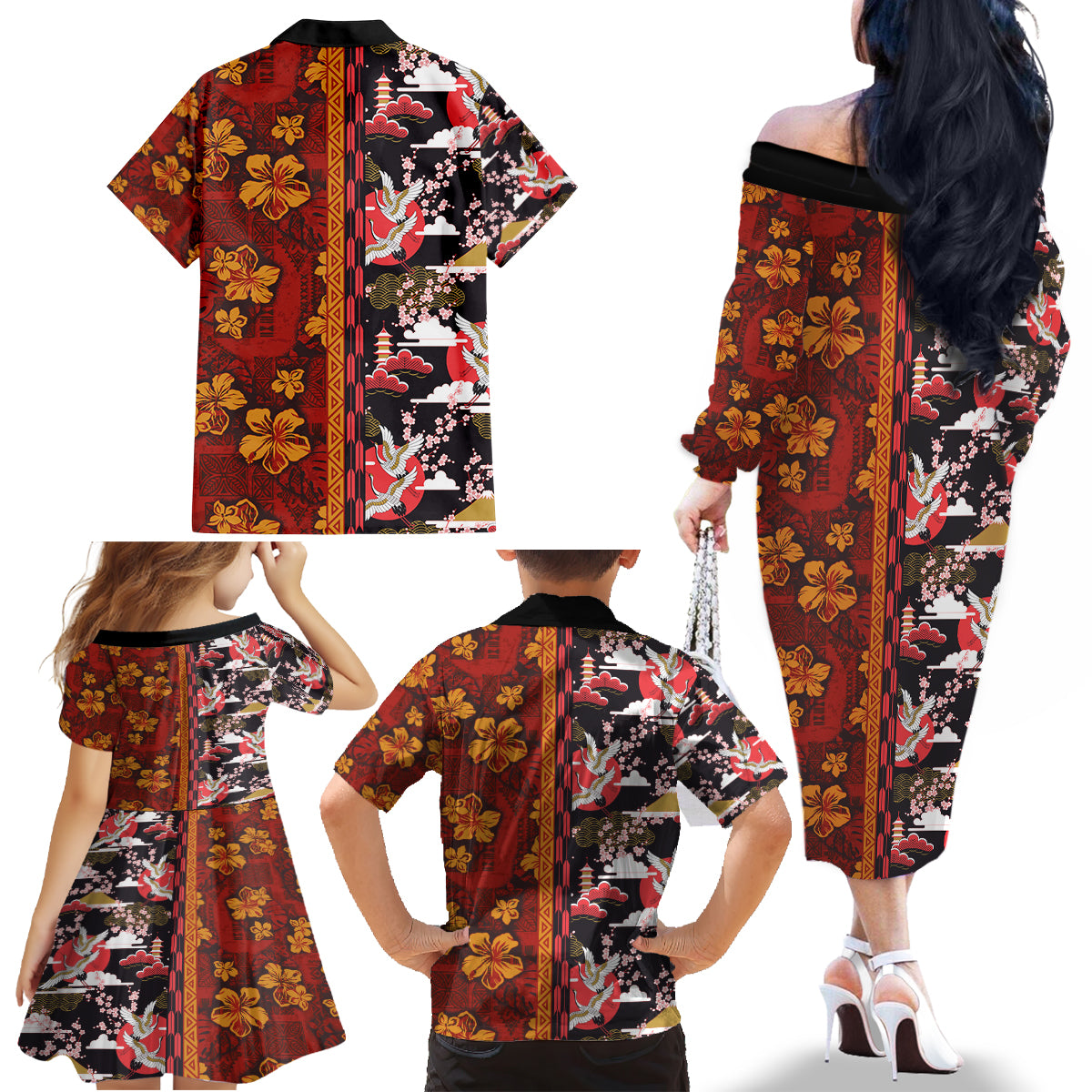 Pan-Pacific Festival Family Matching Off The Shoulder Long Sleeve Dress and Hawaiian Shirt Hawaiian Tribal and Japanese Pattern Together Culture