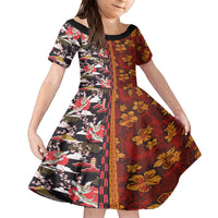 Japanese Culture Hawaii Style Family Matching Off Shoulder Maxi Dress and Hawaiian Shirt Hawaiian Tribal and Japanese Pattern Together Culture LT03 Daughter's Dress Red - Polynesian Pride