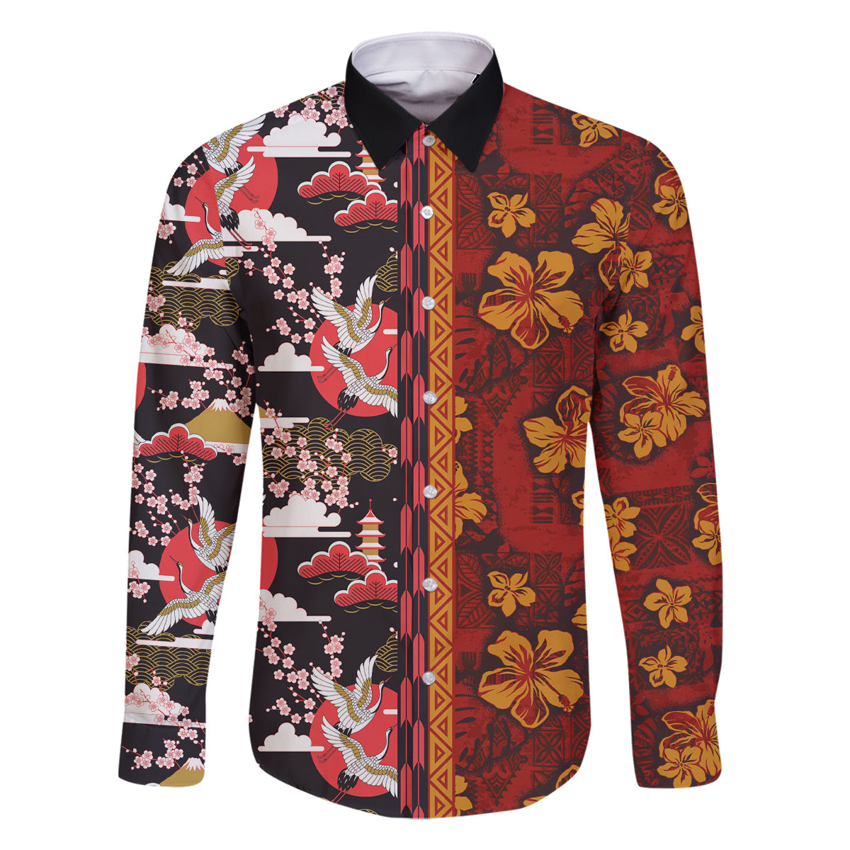 Japanese Culture Hawaii Style Family Matching Off Shoulder Maxi Dress and Hawaiian Shirt Hawaiian Tribal and Japanese Pattern Together Culture LT03 Dad's Shirt - Long Sleeve Red - Polynesian Pride
