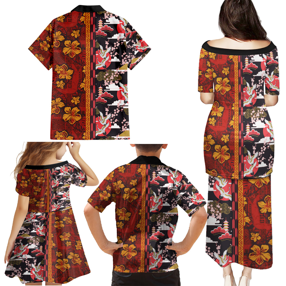 Japanese Culture Hawaii Style Family Matching Puletasi and Hawaiian Shirt Hawaiian Tribal and Japanese Pattern Together Culture LT03 - Polynesian Pride