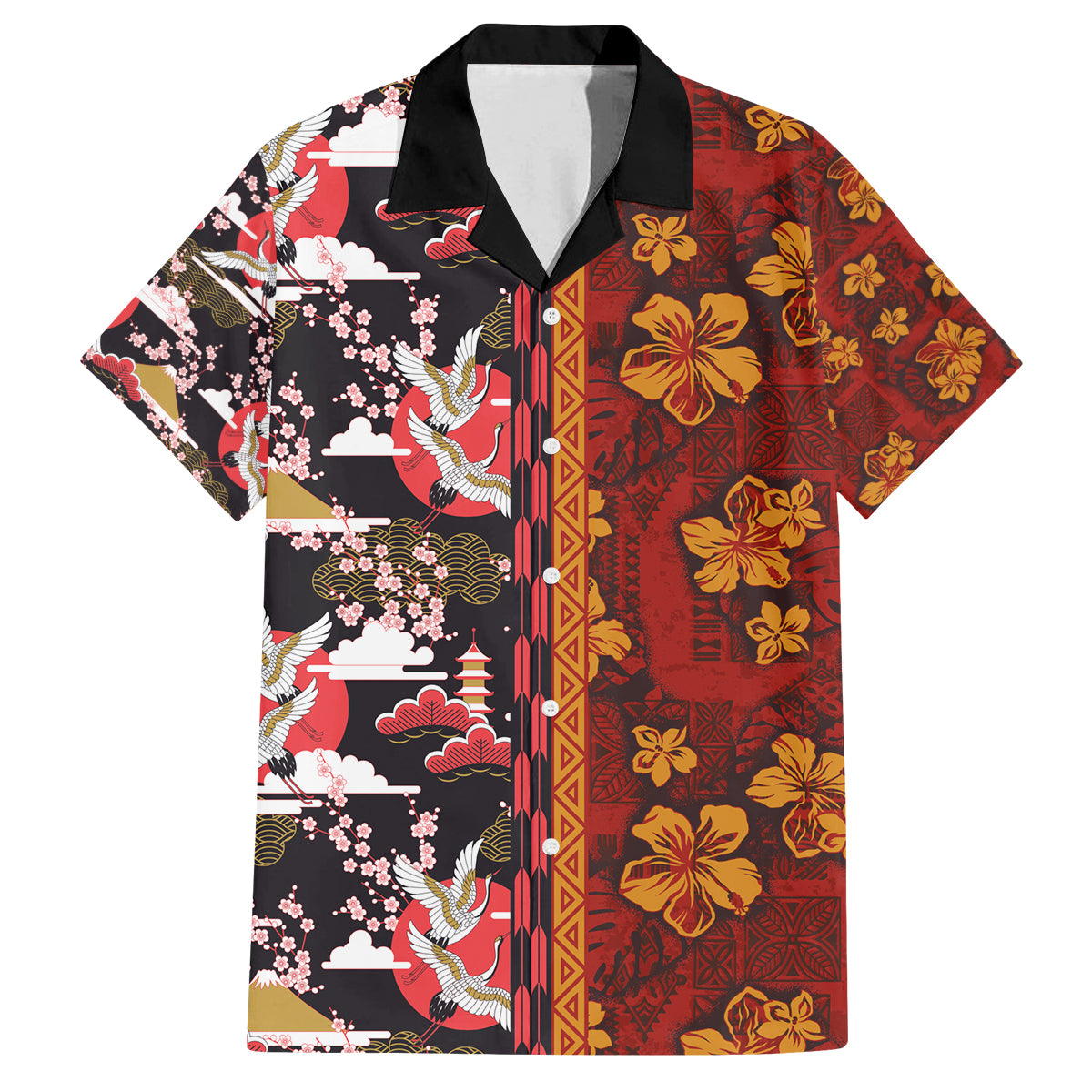 Japanese Culture Hawaii Style Family Matching Puletasi and Hawaiian Shirt Hawaiian Tribal and Japanese Pattern Together Culture LT03 Dad's Shirt - Short Sleeve Red - Polynesian Pride