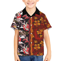 Japanese Culture Hawaii Style Family Matching Puletasi and Hawaiian Shirt Hawaiian Tribal and Japanese Pattern Together Culture LT03 Son's Shirt Red - Polynesian Pride