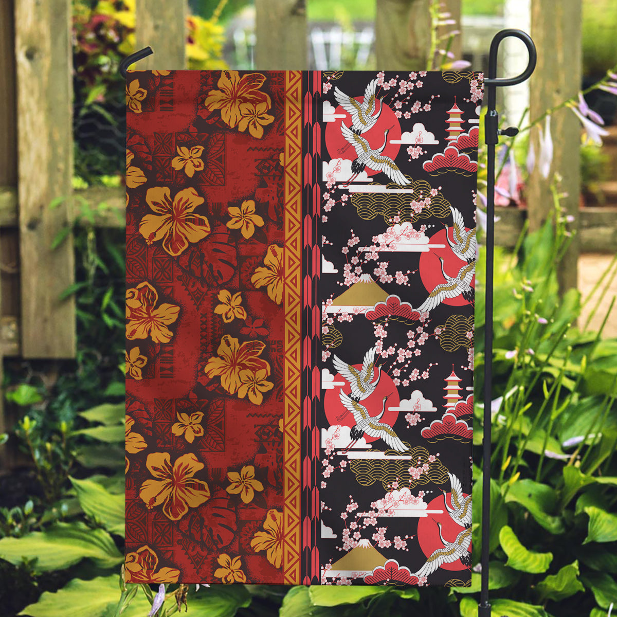 Japanese Culture Hawaii Style Garden Flag Hawaiian Tribal and Japanese Pattern Together Culture LT03 Garden Flag Red - Polynesian Pride