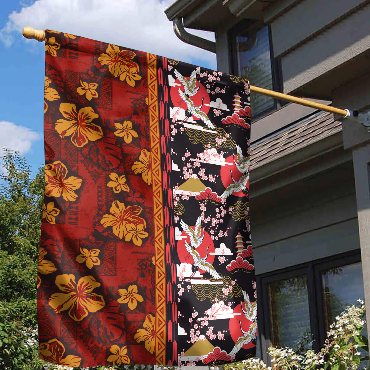 Japanese Culture Hawaii Style Garden Flag Hawaiian Tribal and Japanese Pattern Together Culture LT03 - Polynesian Pride