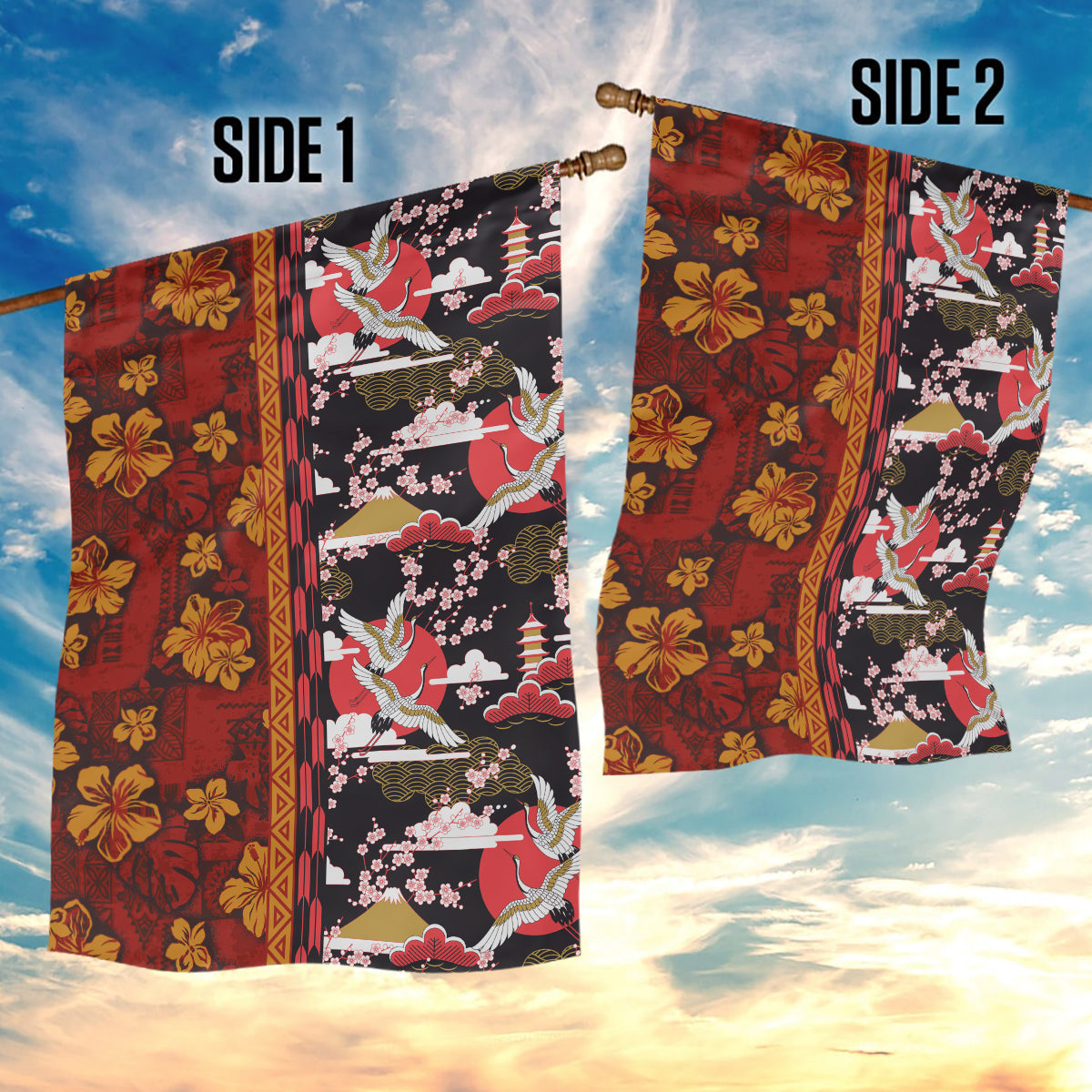 Japanese Culture Hawaii Style Garden Flag Hawaiian Tribal and Japanese Pattern Together Culture LT03 - Polynesian Pride