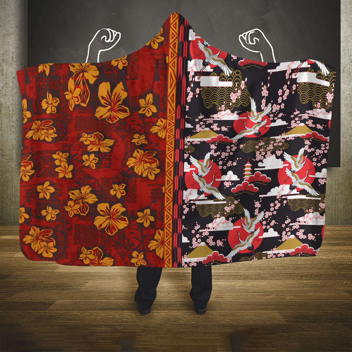 Japanese Culture Hawaii Style Hooded Blanket Hawaiian Tribal and Japanese Pattern Together Culture LT03 One Size Red - Polynesian Pride