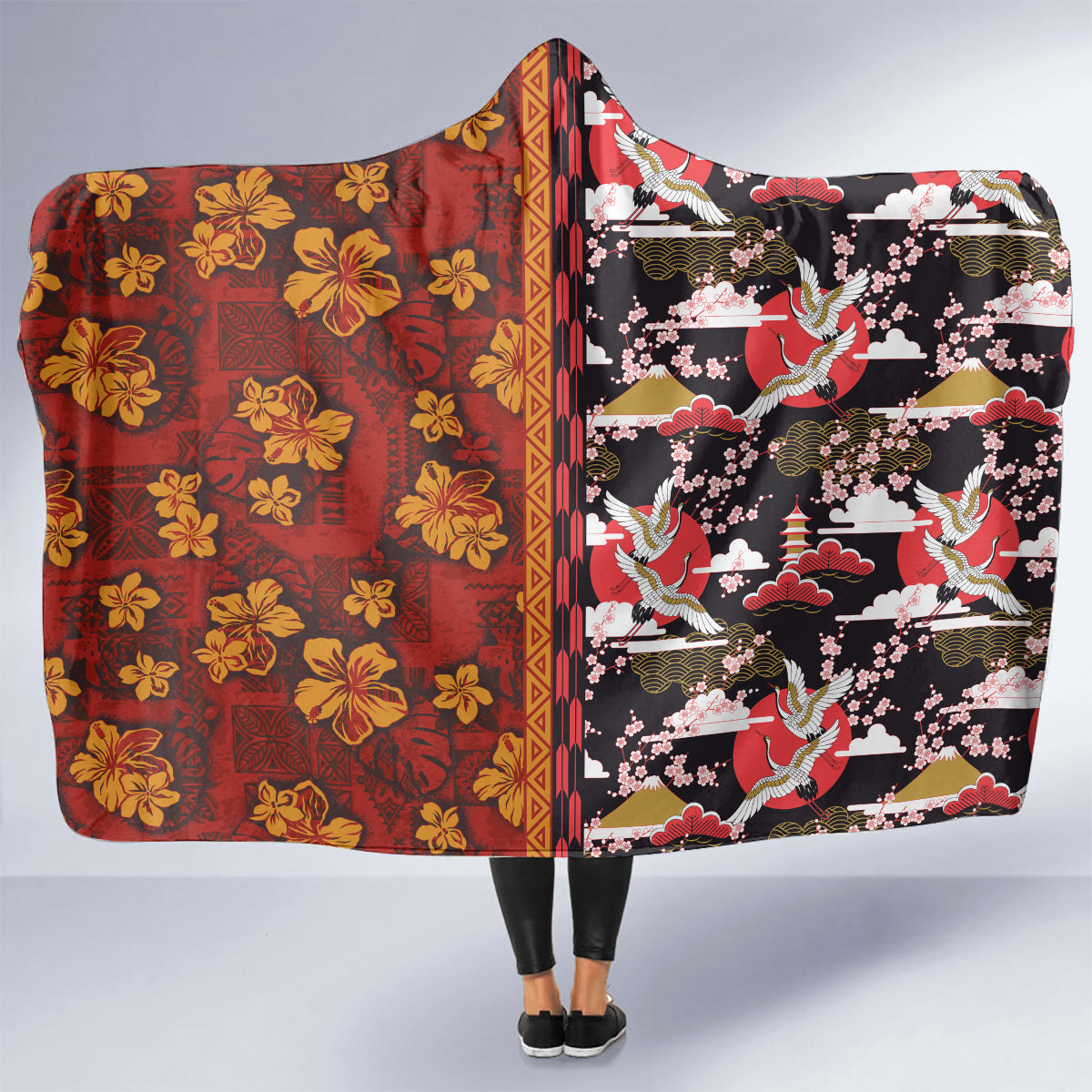 Japanese Culture Hawaii Style Hooded Blanket Hawaiian Tribal and Japanese Pattern Together Culture LT03 - Polynesian Pride