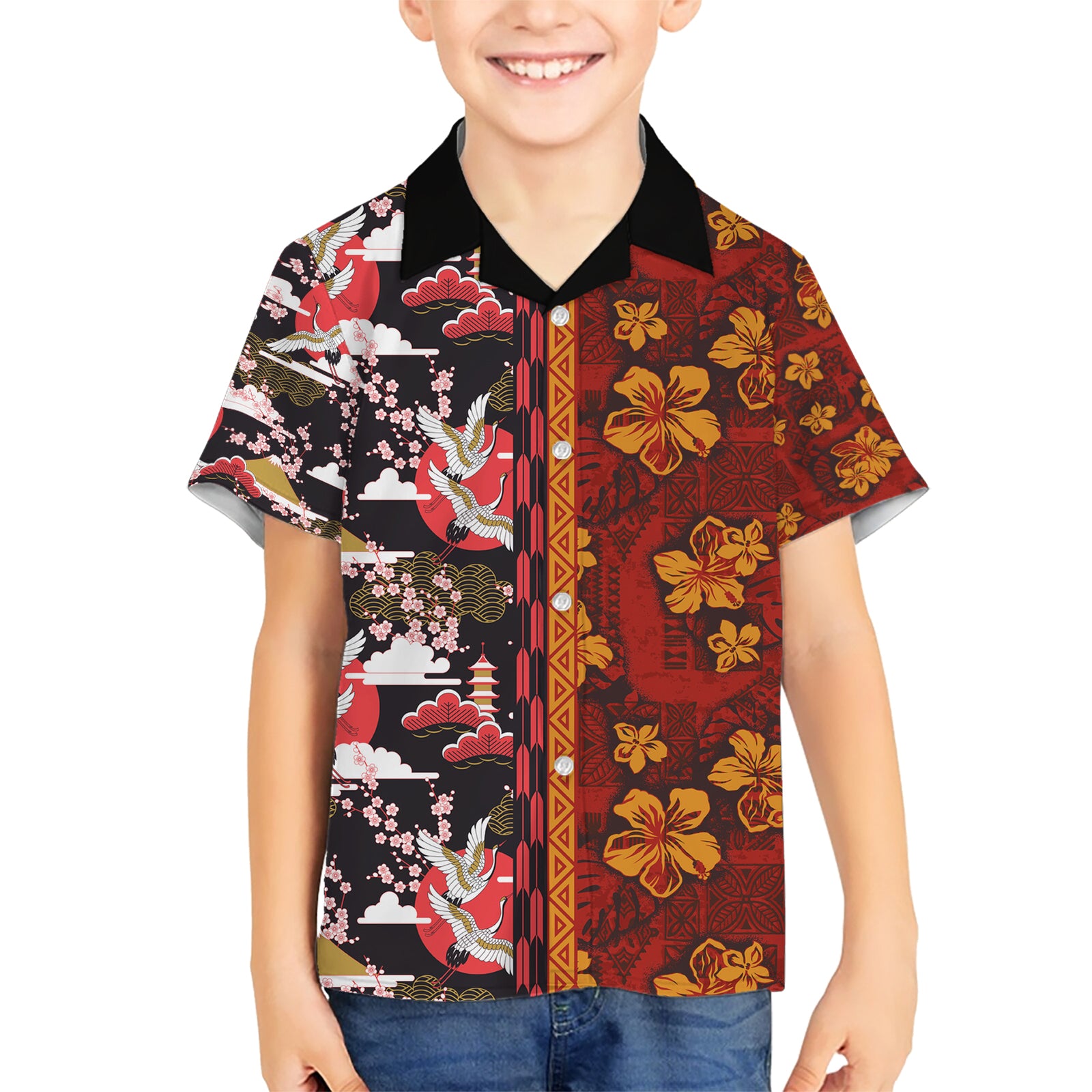 Japanese Culture Hawaii Style Kid Hawaiian Shirt Hawaiian Tribal and Japanese Pattern Together Culture LT03 Kid Red - Polynesian Pride