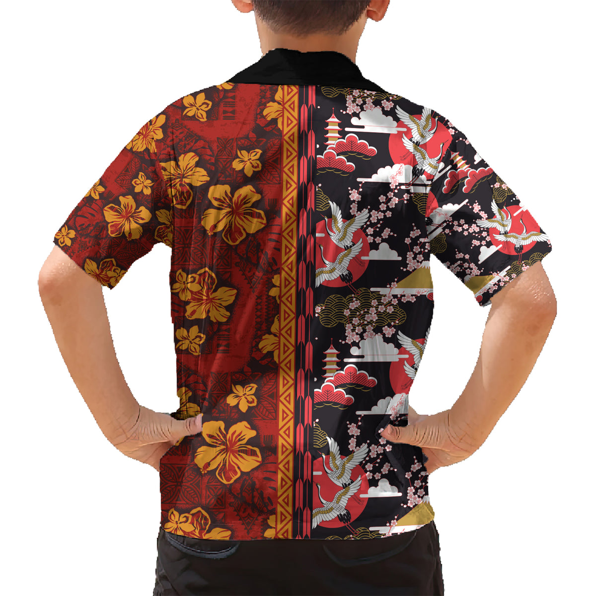 Japanese Culture Hawaii Style Kid Hawaiian Shirt Hawaiian Tribal and Japanese Pattern Together Culture LT03 - Polynesian Pride