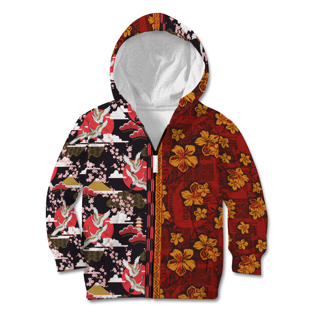 Japanese Culture Hawaii Style Kid Hoodie Hawaiian Tribal and Japanese Pattern Together Culture LT03 Zip Hoodie Red - Polynesian Pride