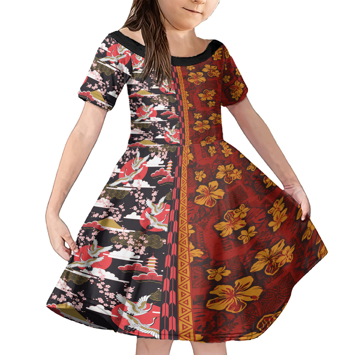Japanese Culture Hawaii Style Kid Short Sleeve Dress Hawaiian Tribal and Japanese Pattern Together Culture LT03 KID Red - Polynesian Pride