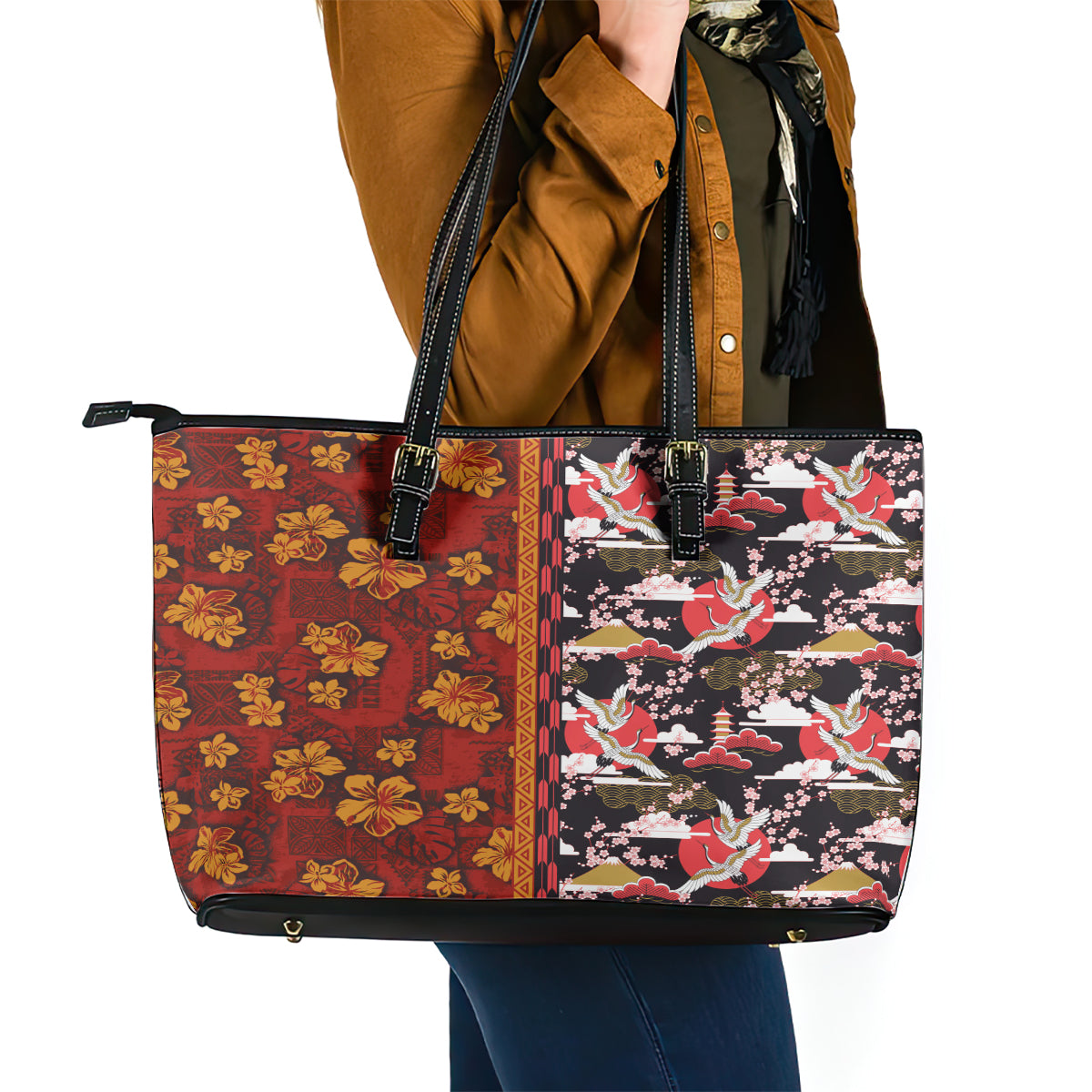 Japanese Culture Hawaii Style Leather Tote Bag Hawaiian Tribal and Japanese Pattern Together Culture LT03 - Polynesian Pride