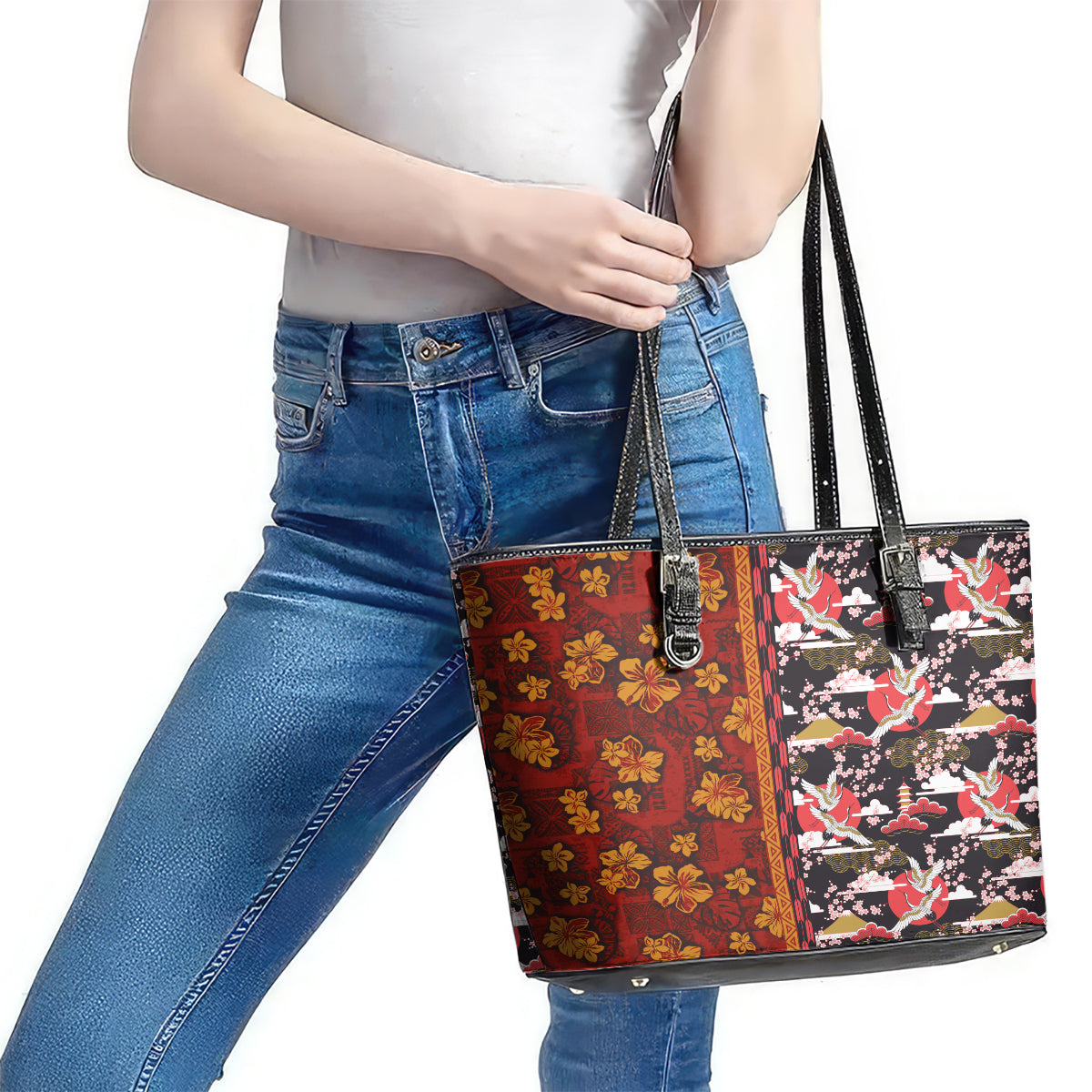 Japanese Culture Hawaii Style Leather Tote Bag Hawaiian Tribal and Japanese Pattern Together Culture LT03 - Polynesian Pride