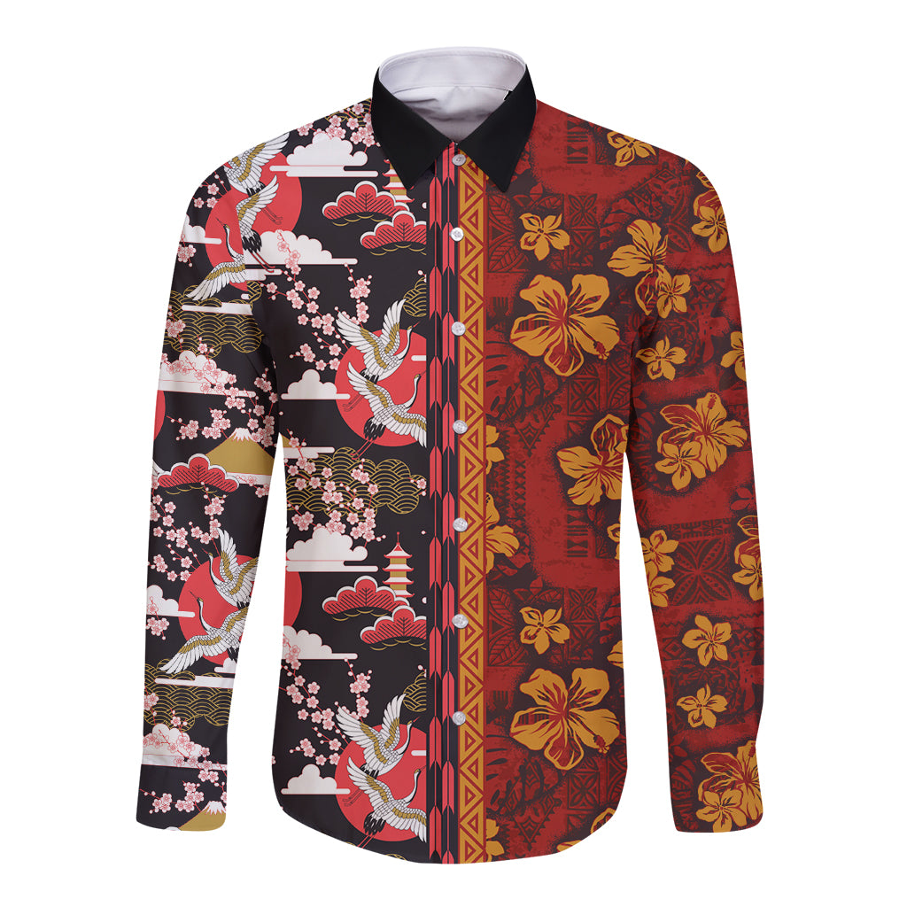 Japanese Culture Hawaii Style Long Sleeve Button Shirt Hawaiian Tribal and Japanese Pattern Together Culture LT03 Unisex Red - Polynesian Pride