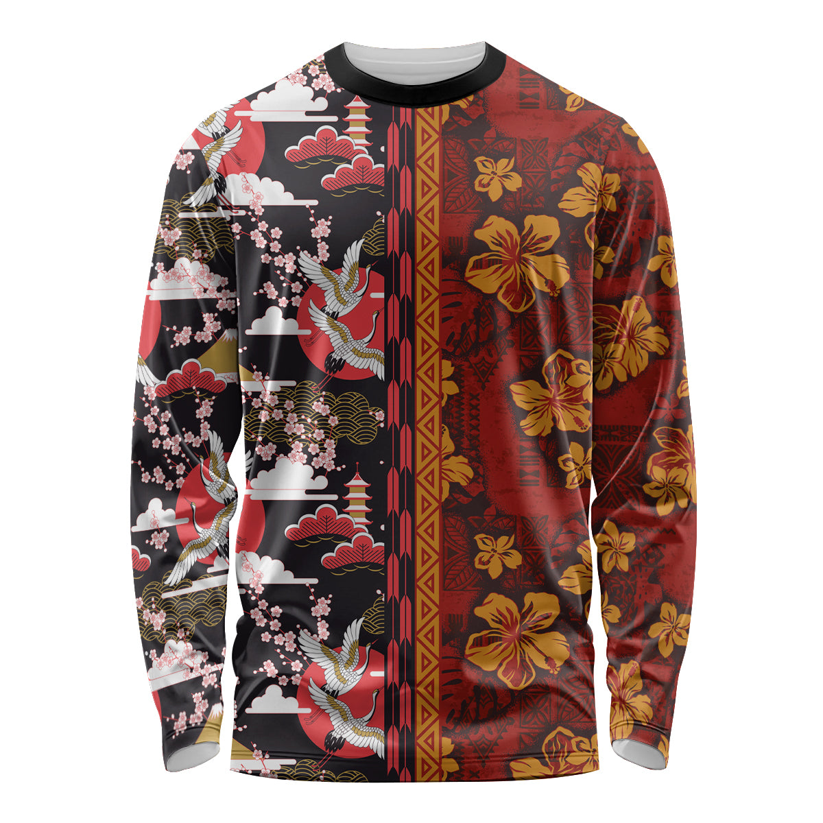 Japanese Culture Hawaii Style Long Sleeve Shirt Hawaiian Tribal and Japanese Pattern Together Culture LT03 Unisex Red - Polynesian Pride