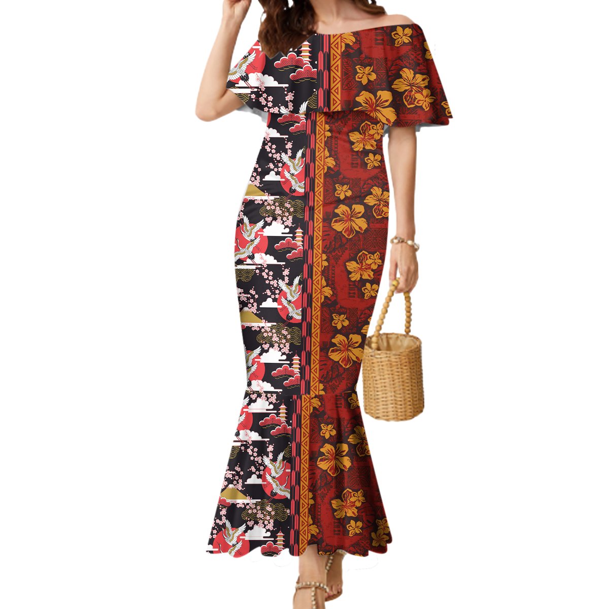 Japanese Culture Hawaii Style Mermaid Dress Hawaiian Tribal and Japanese Pattern Together Culture LT03 Women Red - Polynesian Pride