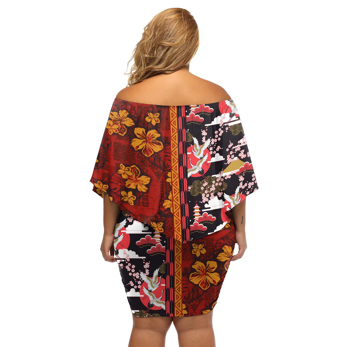 Japanese Culture Hawaii Style Off Shoulder Short Dress Hawaiian Tribal and Japanese Pattern Together Culture LT03 - Polynesian Pride