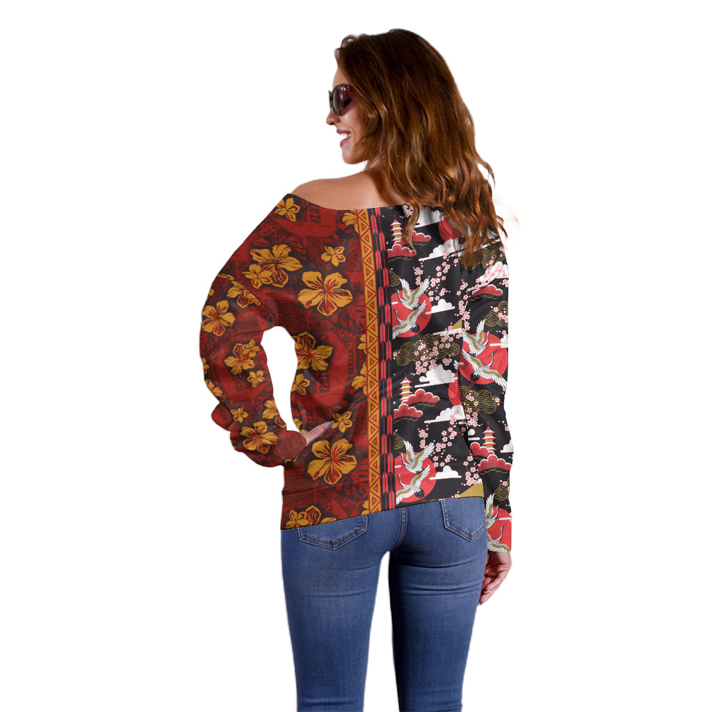 Pan-Pacific Festival Off Shoulder Sweater Hawaiian Tribal and Japanese Pattern Together Culture