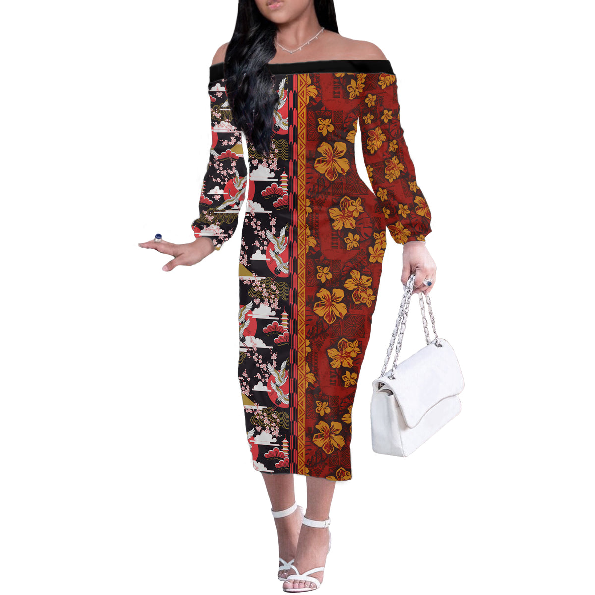 Japanese Culture Hawaii Style Off The Shoulder Long Sleeve Dress Hawaiian Tribal and Japanese Pattern Together Culture LT03 Women Red - Polynesian Pride