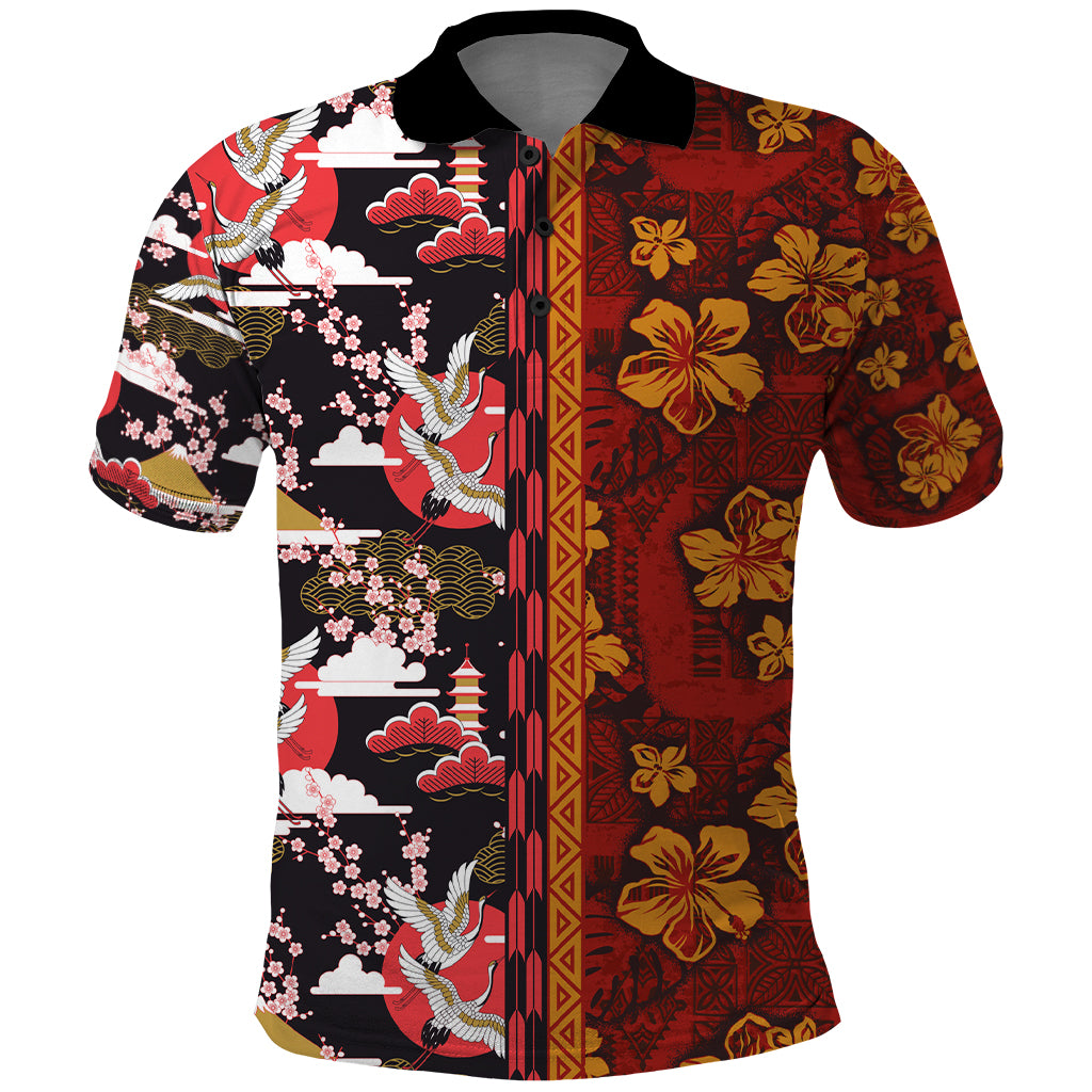 Japanese Culture Hawaii Style Polo Shirt Hawaiian Tribal and Japanese Pattern Together Culture LT03 Red - Polynesian Pride