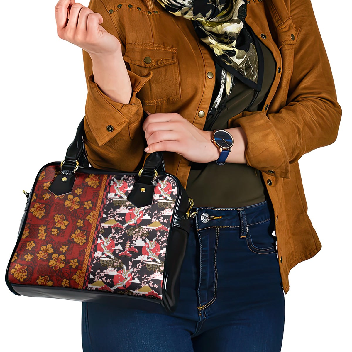 Pan-Pacific Festival Shoulder Handbag Hawaiian Tribal and Japanese Pattern Together Culture