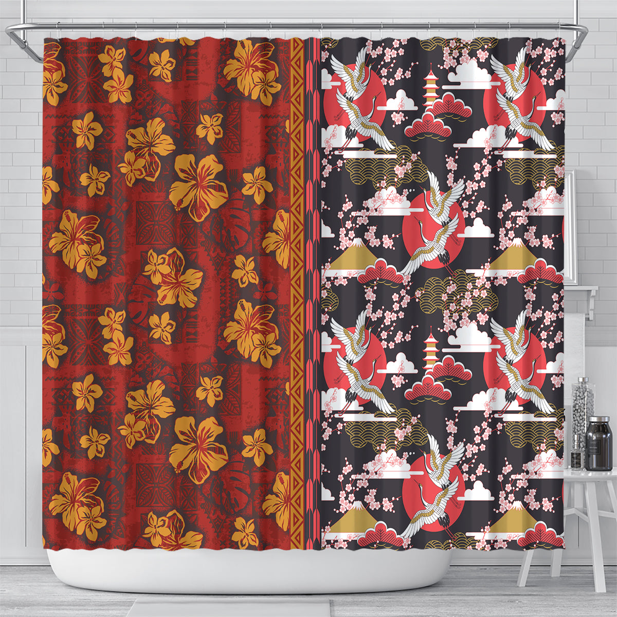 Japanese Culture Hawaii Style Shower Curtain Hawaiian Tribal and Japanese Pattern Together Culture LT03 - Polynesian Pride