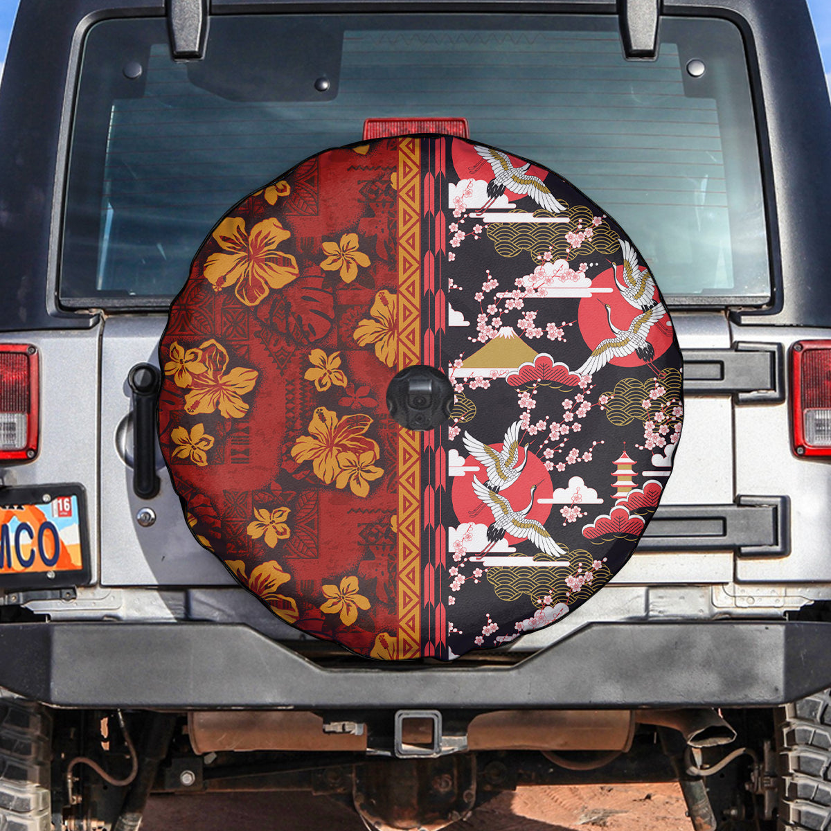 Japanese Culture Hawaii Style Spare Tire Cover Hawaiian Tribal and Japanese Pattern Together Culture LT03 Red - Polynesian Pride