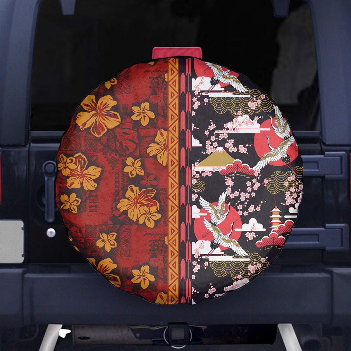 Japanese Culture Hawaii Style Spare Tire Cover Hawaiian Tribal and Japanese Pattern Together Culture LT03 - Polynesian Pride