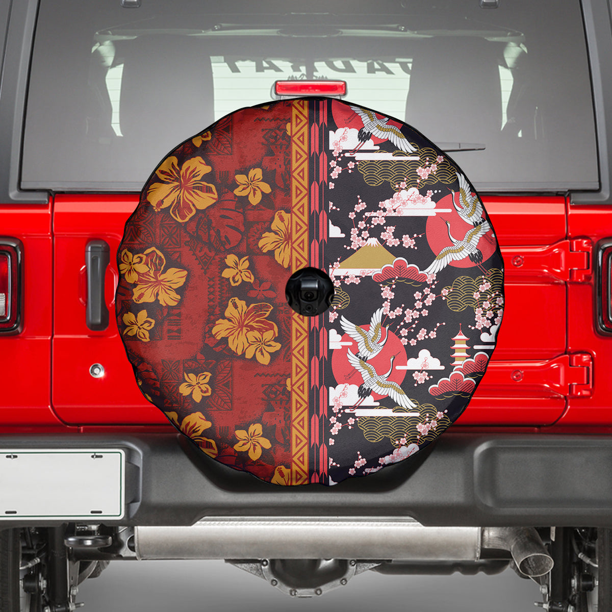 Japanese Culture Hawaii Style Spare Tire Cover Hawaiian Tribal and Japanese Pattern Together Culture LT03 - Polynesian Pride
