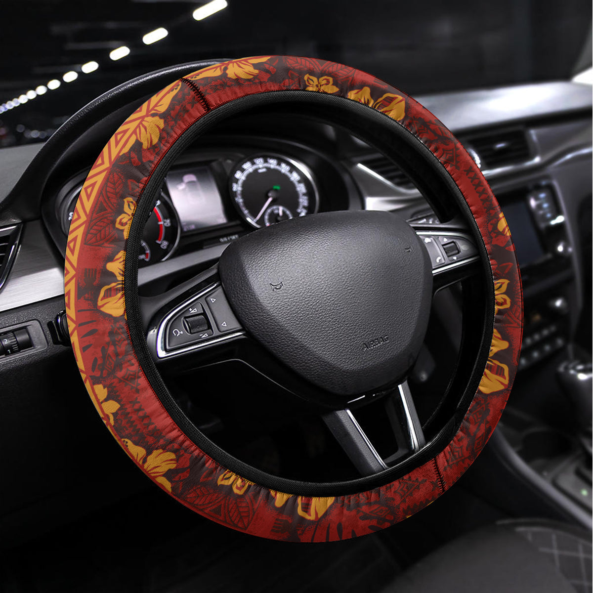 Japanese Culture Hawaii Style Steering Wheel Cover Hawaiian Tribal and Japanese Pattern Together Culture LT03 Universal Fit Red - Polynesian Pride