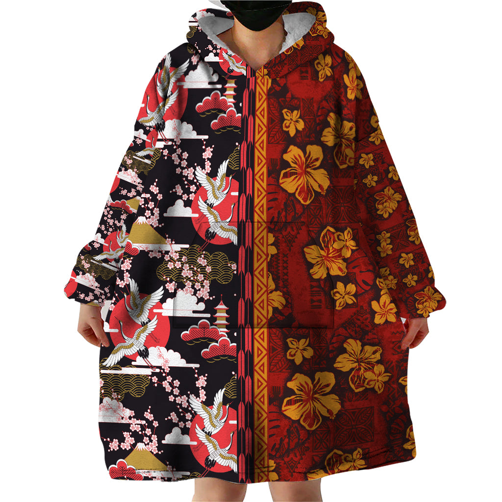 Japanese Culture Hawaii Style Wearable Blanket Hoodie Hawaiian Tribal and Japanese Pattern Together Culture LT03 - Polynesian Pride