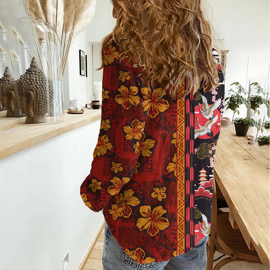 Japanese Culture Hawaii Style Women Casual Shirt Hawaiian Tribal and Japanese Pattern Together Culture LT03 - Polynesian Pride