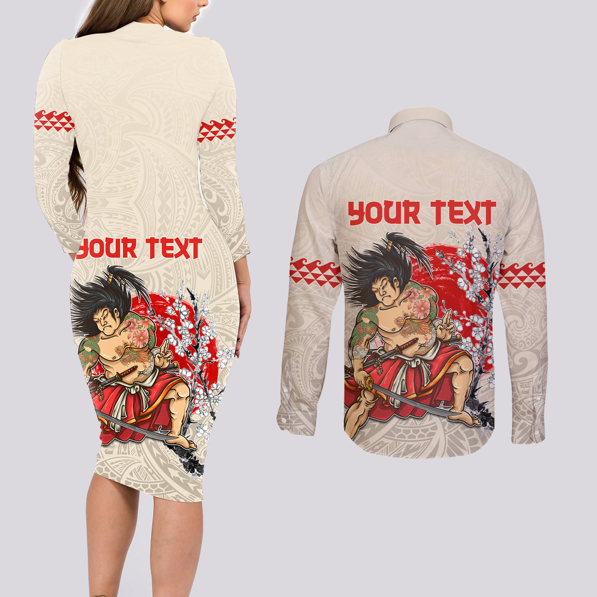 Personalised Pan-Pacific Festival Couples Matching Long Sleeve Bodycon Dress and Long Sleeve Button Shirt Japanese Samurai with Hawaiian Pattern