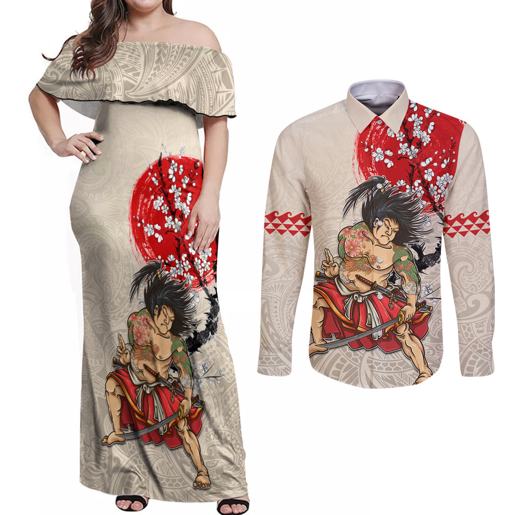 Personalised Pan-Pacific Festival Couples Matching Off Shoulder Maxi Dress and Long Sleeve Button Shirt Japanese Samurai with Hawaiian Pattern
