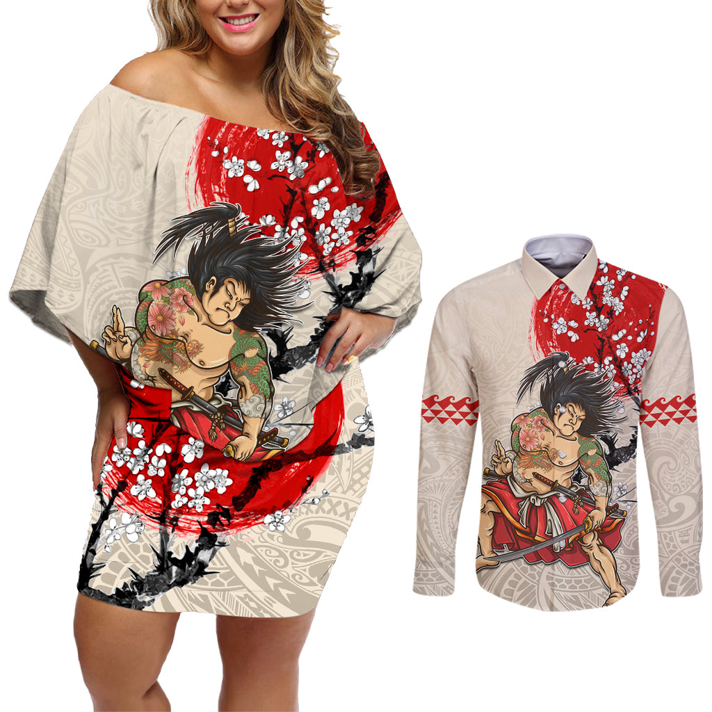 Personalised Pan-Pacific Festival Couples Matching Off Shoulder Short Dress and Long Sleeve Button Shirt Japanese Samurai with Hawaiian Pattern