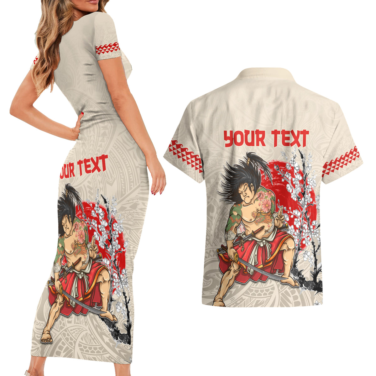 Personalised Japanese Culture Hawaii Style Couples Matching Short Sleeve Bodycon Dress and Hawaiian Shirt Japanese Samurai with Hawaiian Pattern LT03 - Polynesian Pride