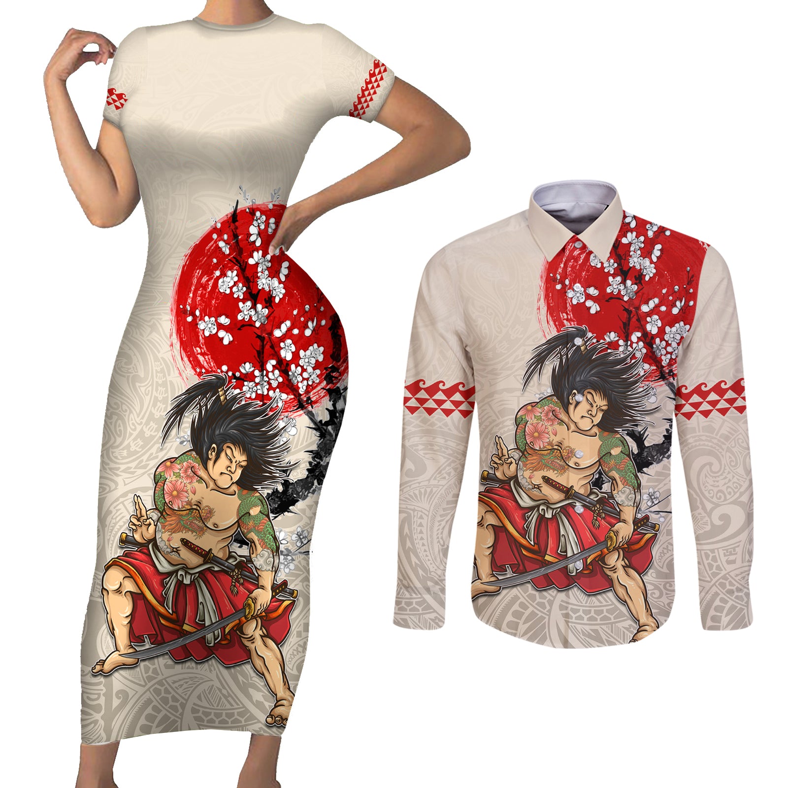 Personalised Pan-Pacific Festival Couples Matching Short Sleeve Bodycon Dress and Long Sleeve Button Shirt Japanese Samurai with Hawaiian Pattern