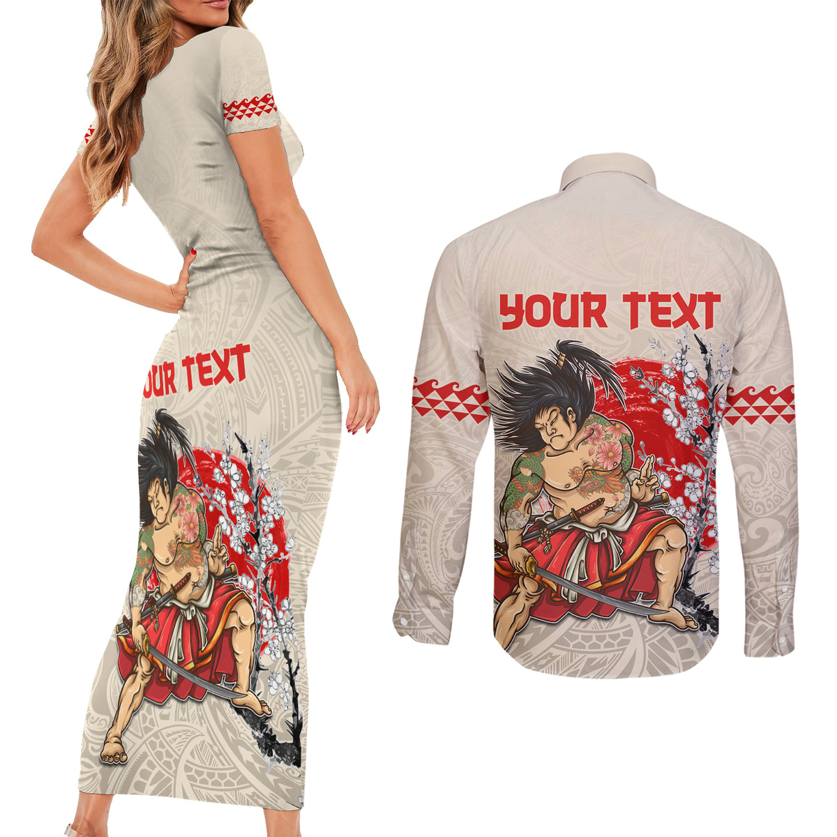 Personalised Pan-Pacific Festival Couples Matching Short Sleeve Bodycon Dress and Long Sleeve Button Shirt Japanese Samurai with Hawaiian Pattern