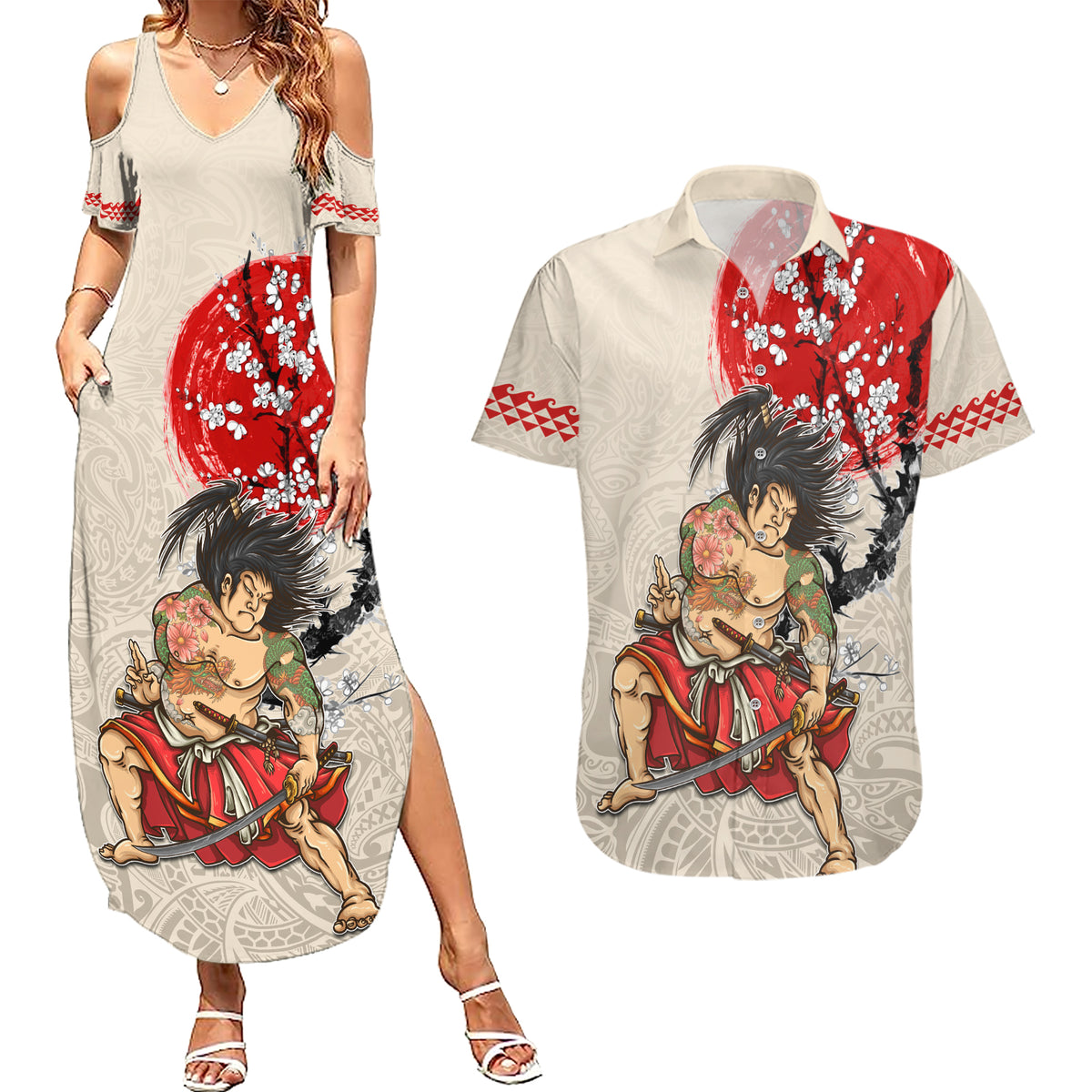 Personalised Pan-Pacific Festival Couples Matching Summer Maxi Dress and Hawaiian Shirt Japanese Samurai with Hawaiian Pattern